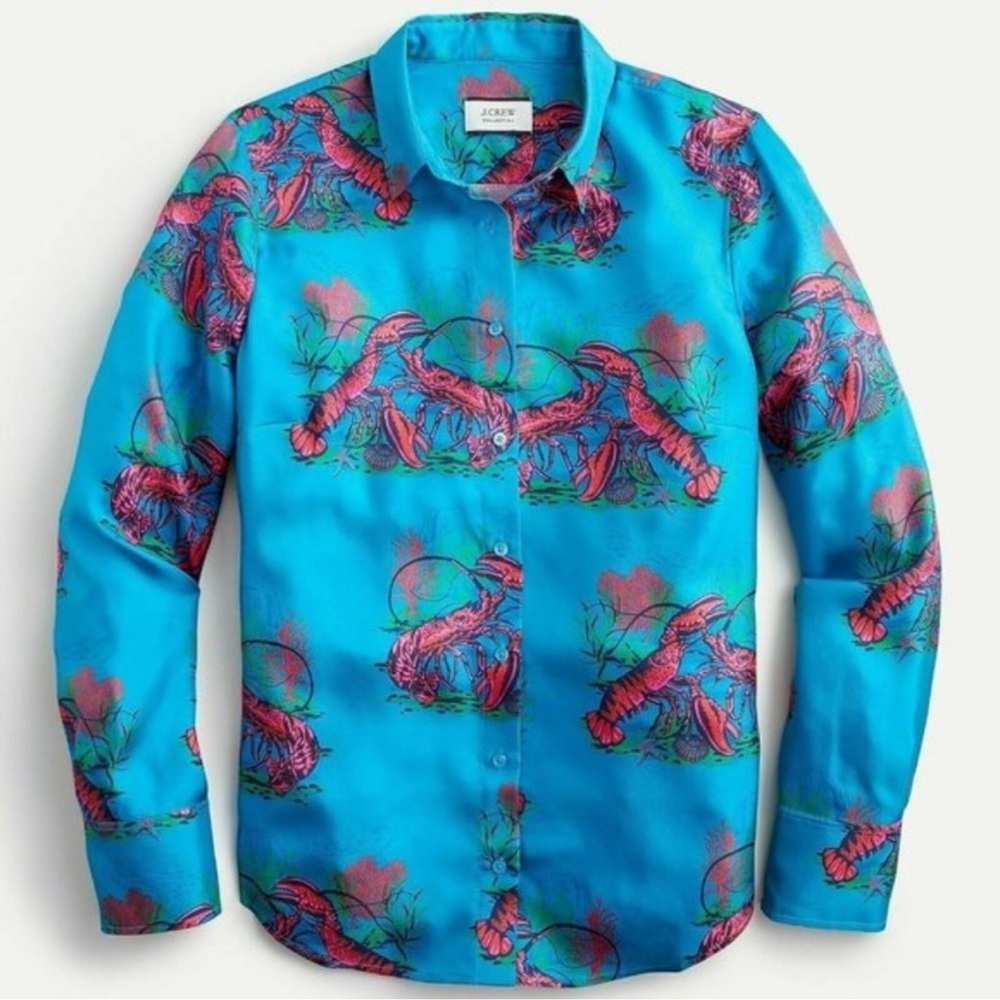 J. Crew Turquoise Button-Up Blouse with Pink Nautical Print